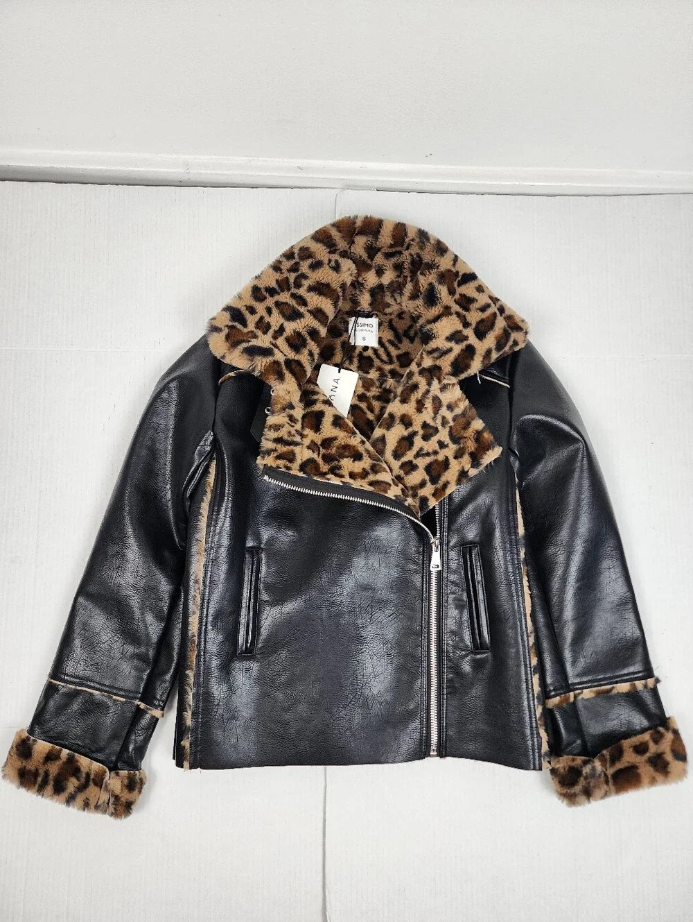 Black Faux Leather Moto Jacket with Leopard Faux Fur Accent